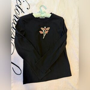 Girls' Black Long-Sleeve Top with Gem Dragonfly Accent